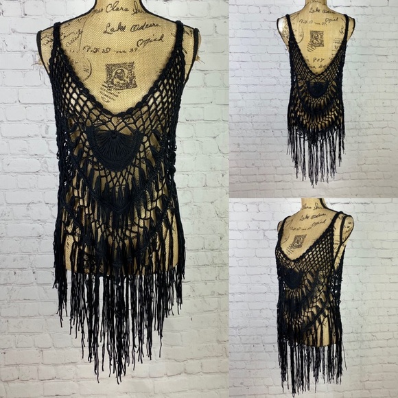 Black Crochet Fringed Top/Coverup - Picture 1 of 1